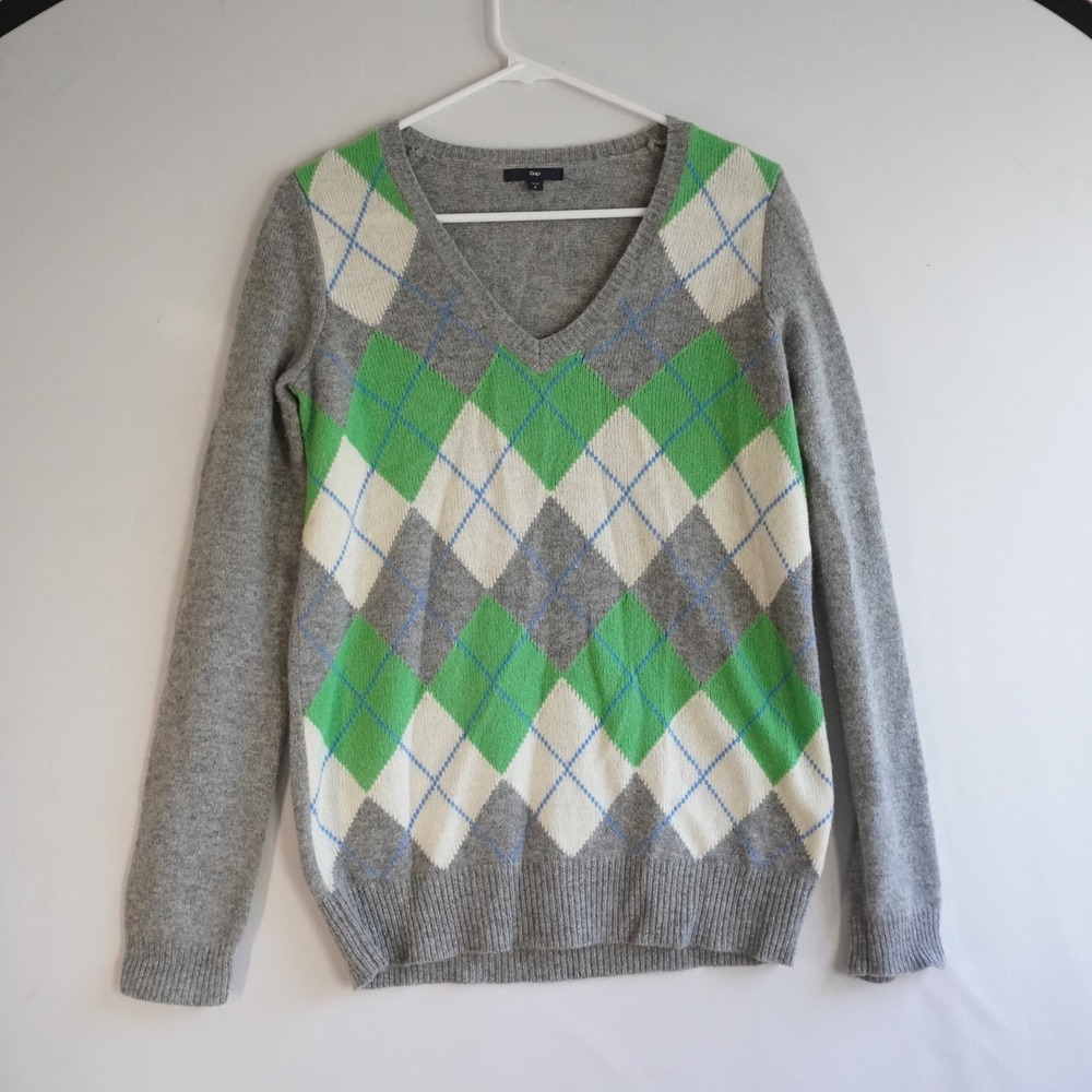 GAP Argyle VNeck Sweater Y2K Small Grey Green White Blue Pullover Long Sleeve